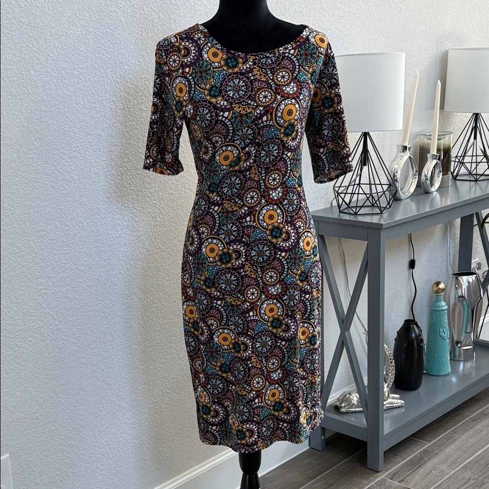 LuLaRoe Fitted Midi Dress in Teal, Mustard & Burgundy